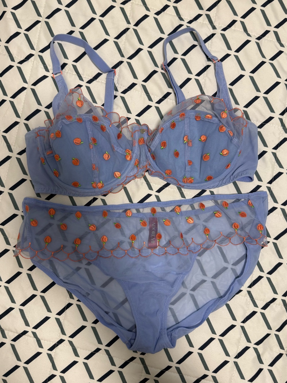 Adore Me Lavender Mesh Bra & Panty Set with Orange Embroidered Dots